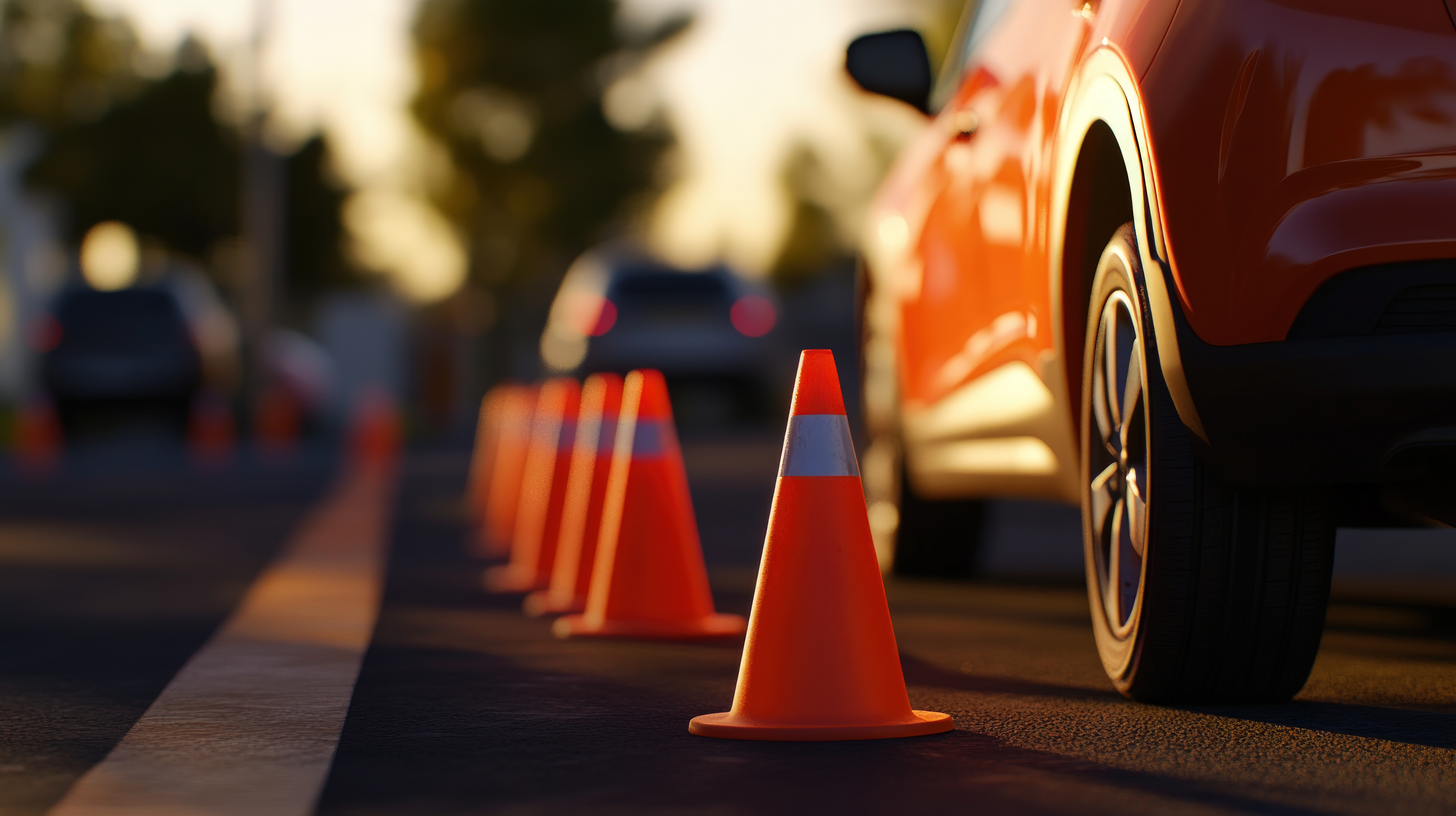 Orange traffic cones guide a red car – Mansfield Driving Academy